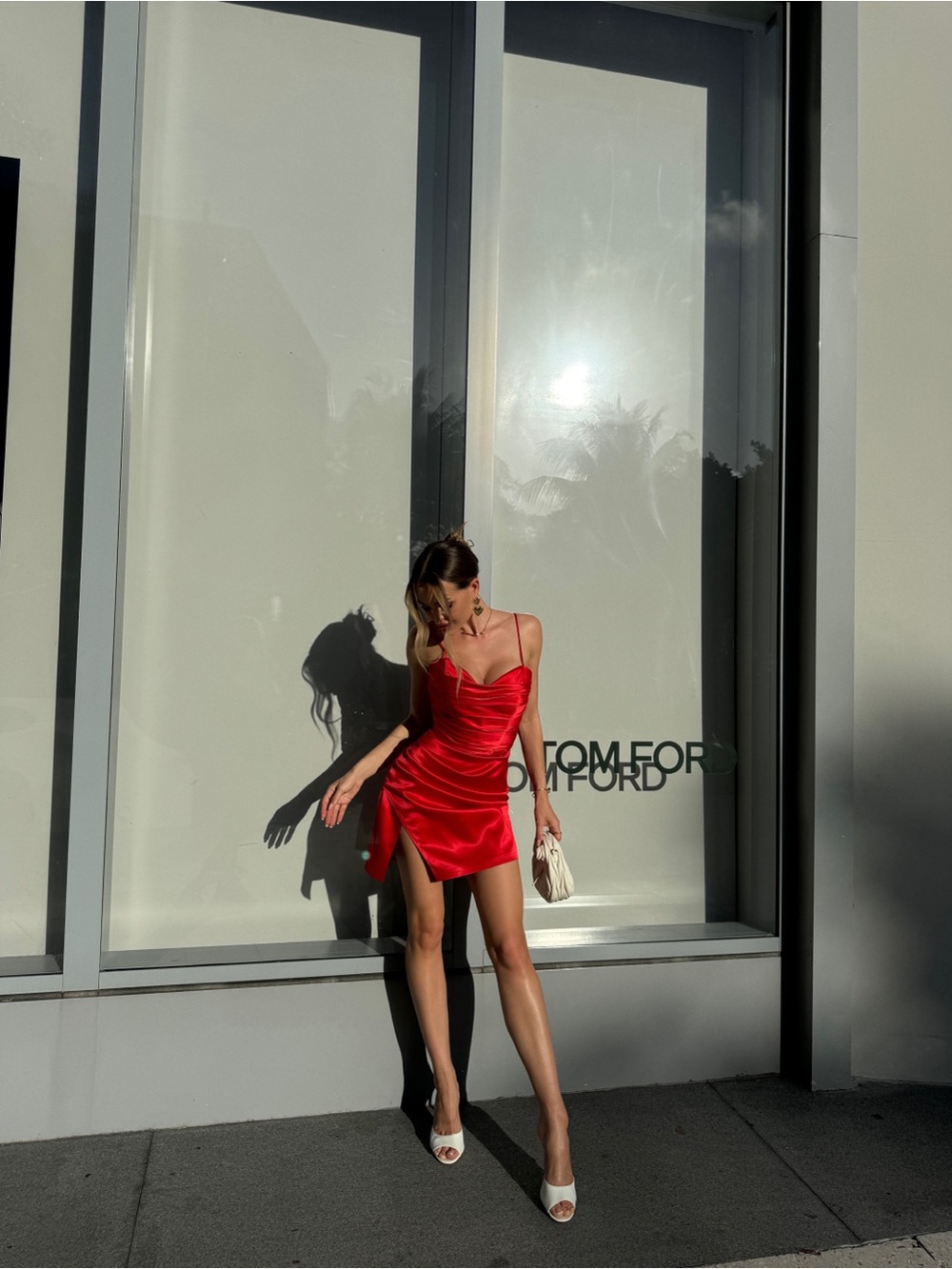 Red Satin Cowl Mini Dress with Side Slit